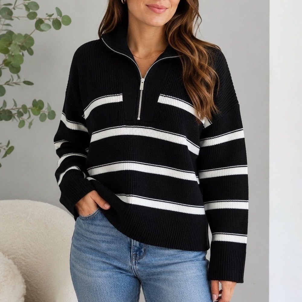 Laundry by Shelli Segal Womens Black White Striped Quarter Zip Ribbed Sweater S
